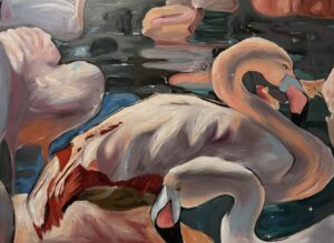 Brown, Brielle, Birds of Pink Feathers, 30×40, Acrylic on Canvas, 960, Black Frame